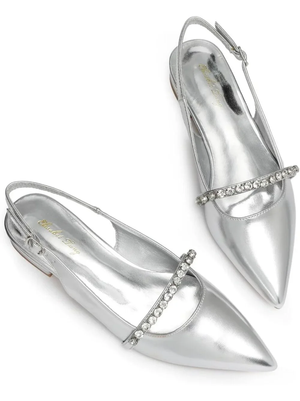 Women's Sliver Leather Slingback Flat Rhinestone Closed Pointed Toe Dressy Shoes